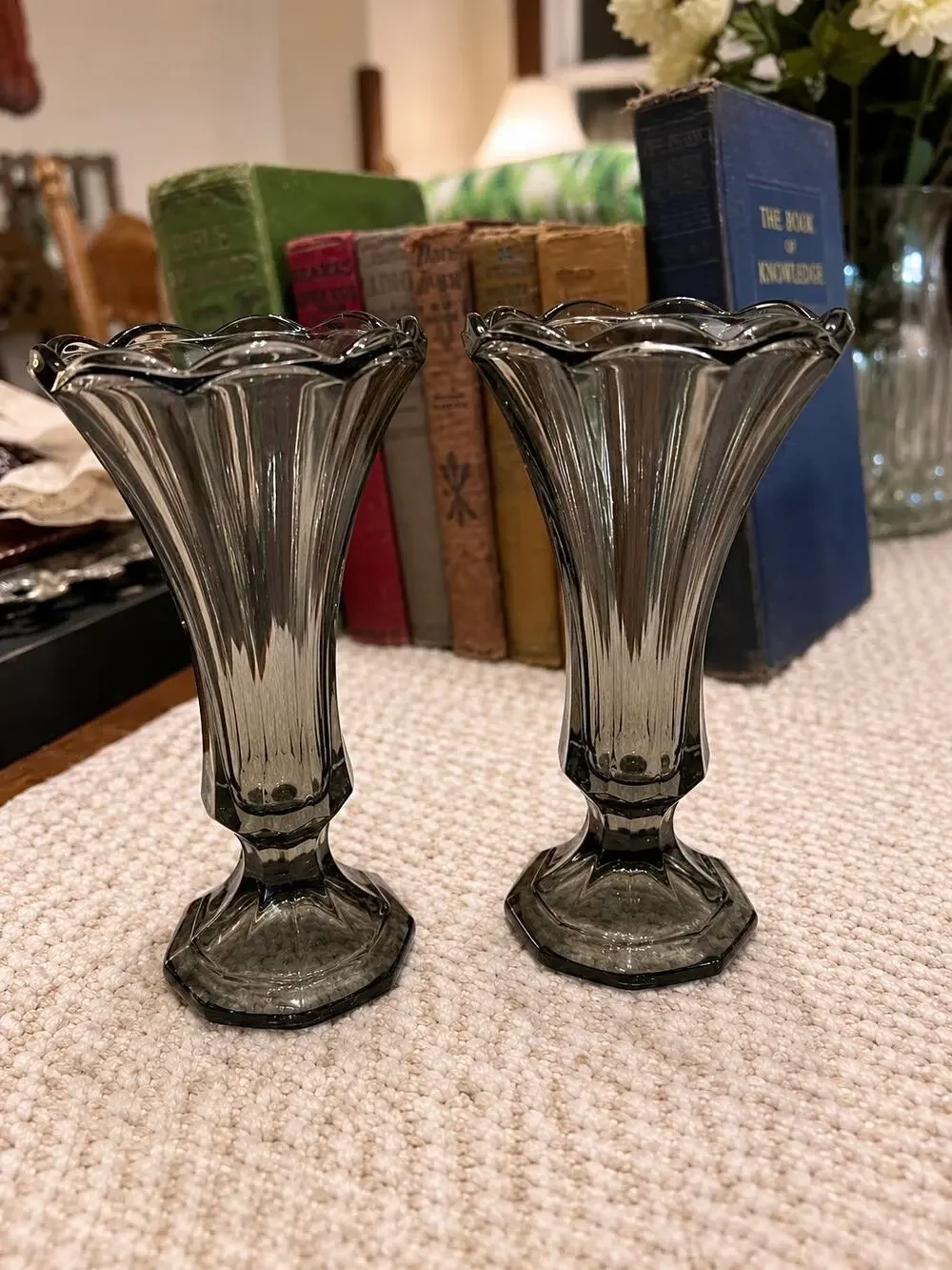 7” Fostoria Smokey Gray Footed Glass Vases - Set of 2
